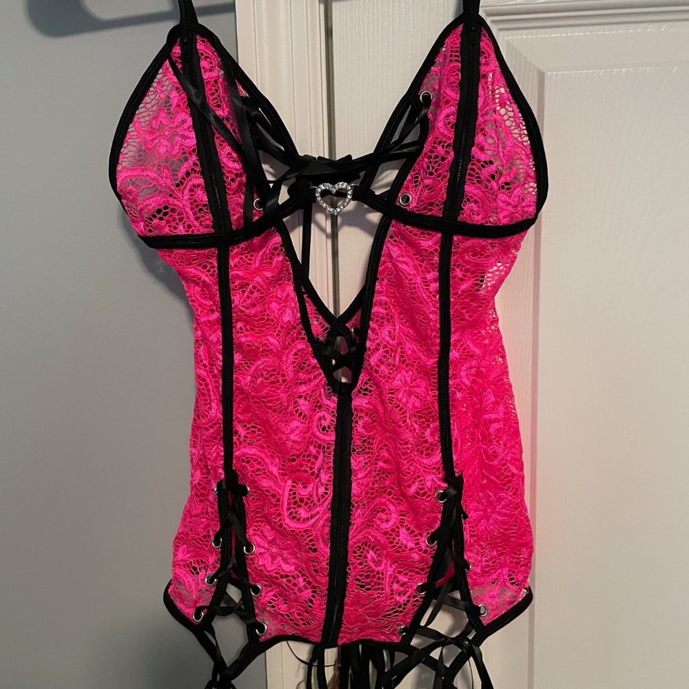 Hot Pink Lace up Lingerie with Heart clasp
